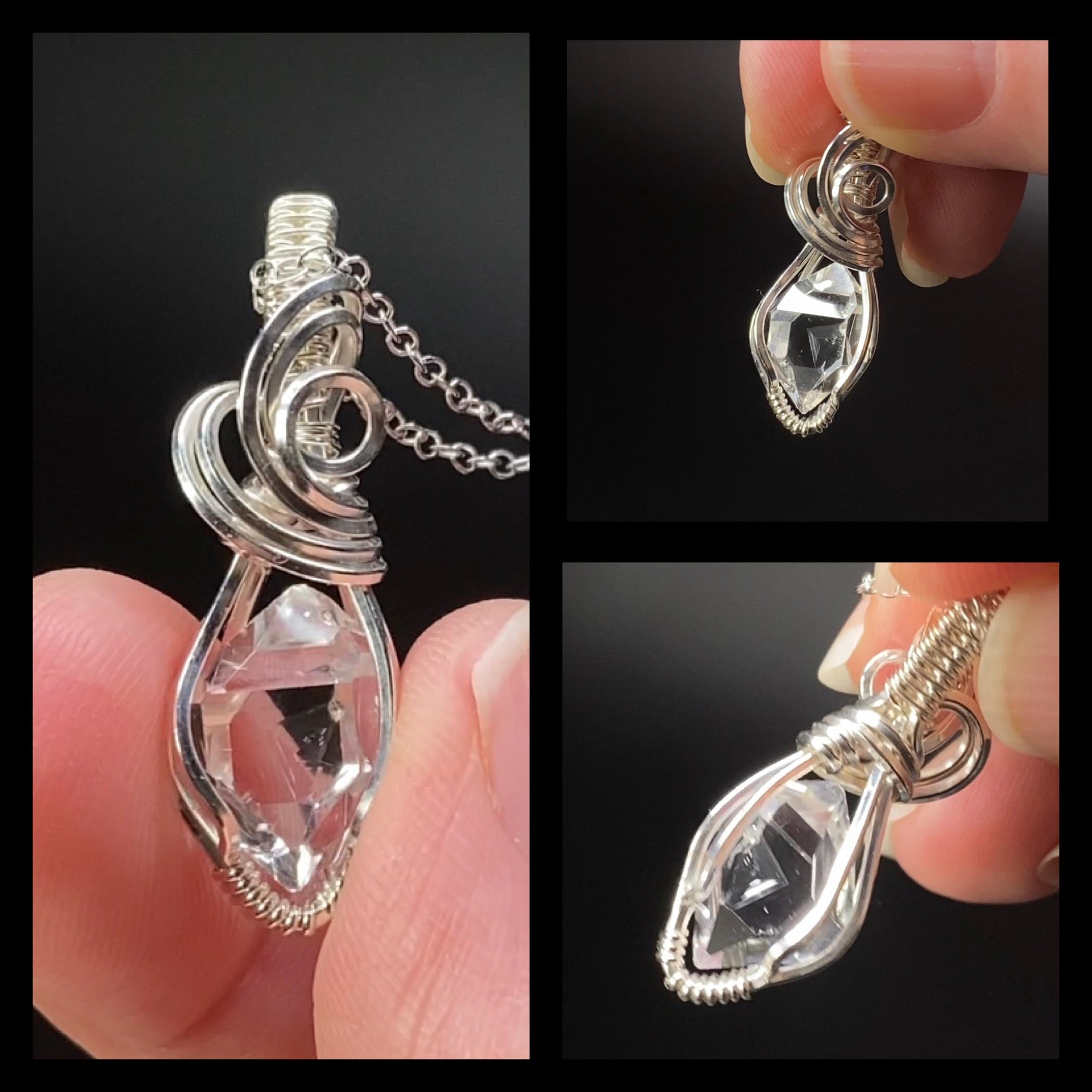 Herkimer Diamond Quartz & Sterling Silver Wire Wrapped Pendant with Rhodium Plated Sterling Silver Chain