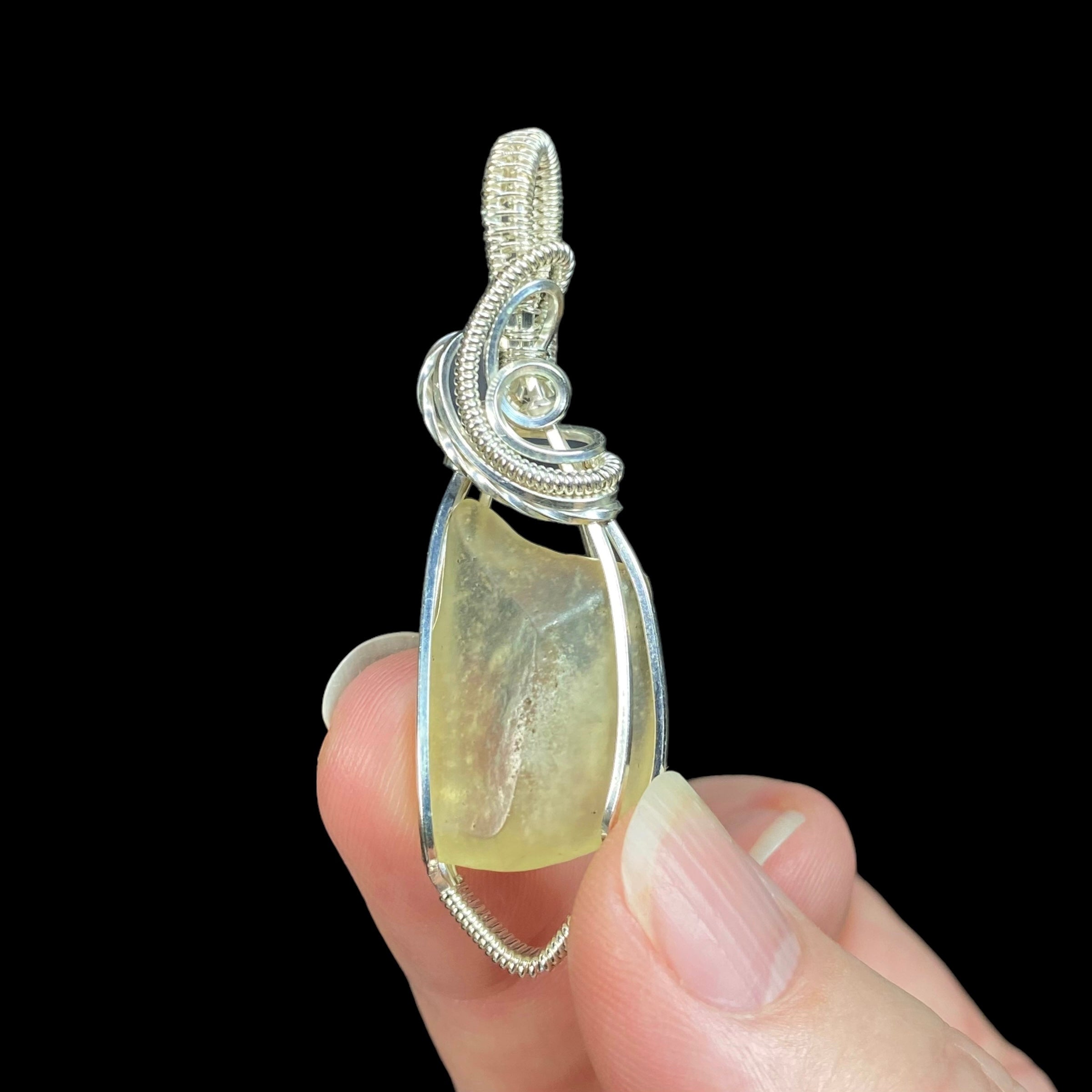 Libyan Desert Glass and Sterling Silver Wire Wrapped Pendant