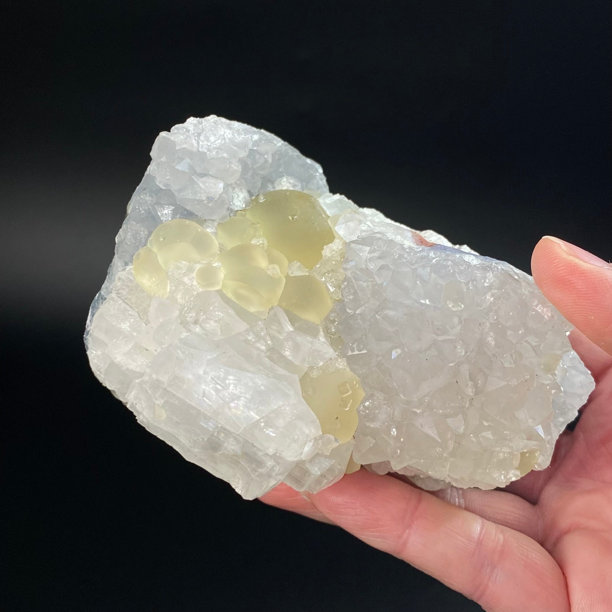 Botryoidal Yellow Fluorite & Calcite on Quartz, Mahodari, Nashik District, Maharashtra, India