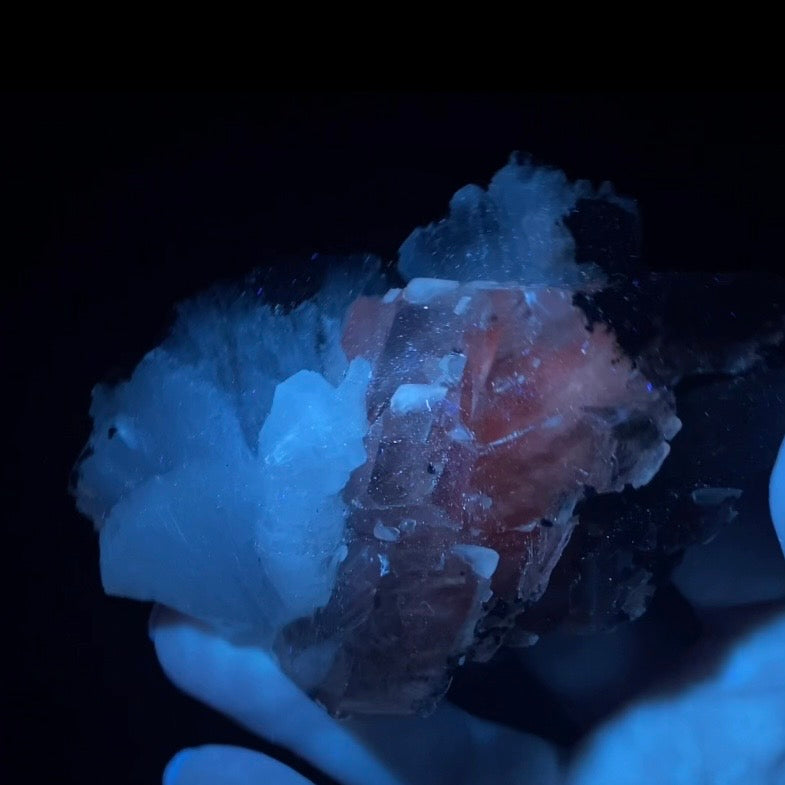 White Clear Heulandite Fan Cluster with Clear Calcite on Basalt Matrix