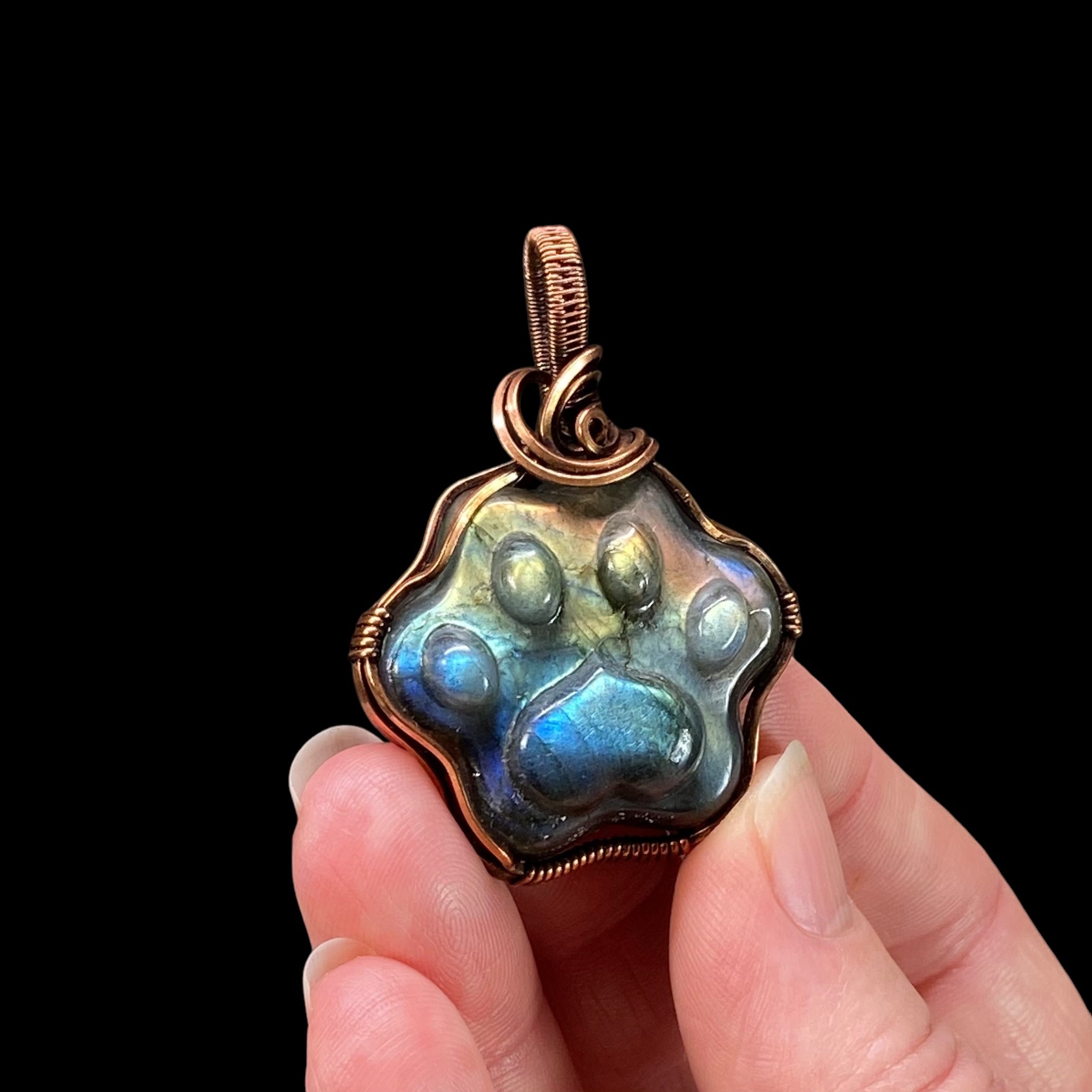 Labradorite Dog Paw Cabochon and Copper Wire Wrapped Pendant