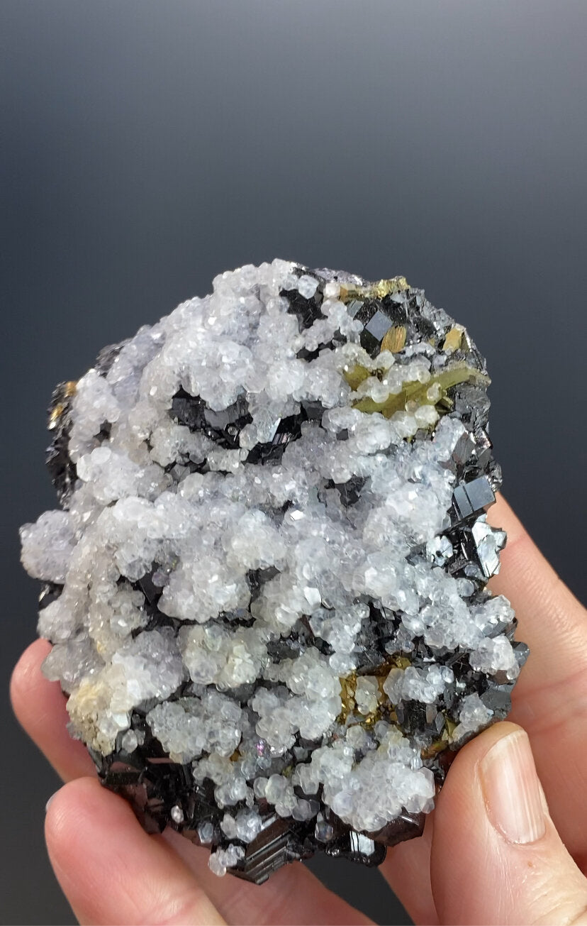 Sphalerite Crystal Cluster with Fluorescent Calcite, Chalcopyrite from Trepça Mines