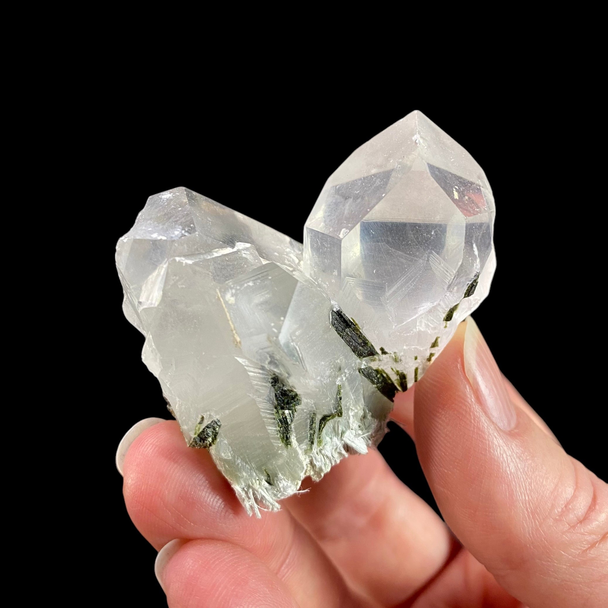 Quartz Crystal Cluster with Dark Green Epidote Crystals & Byssolite