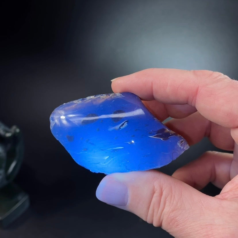 High Grade Sumatran Blue Amber Polished Display Face and Raw Exterior