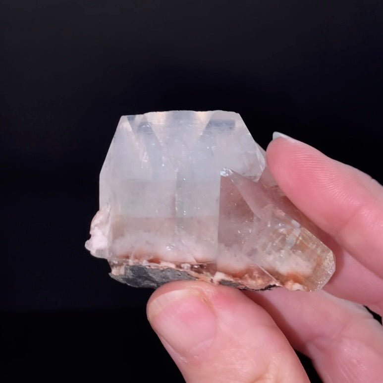 Clear Pseudo Cubic Apophyllite Crystal Cluster with Red Hematite Inclusions