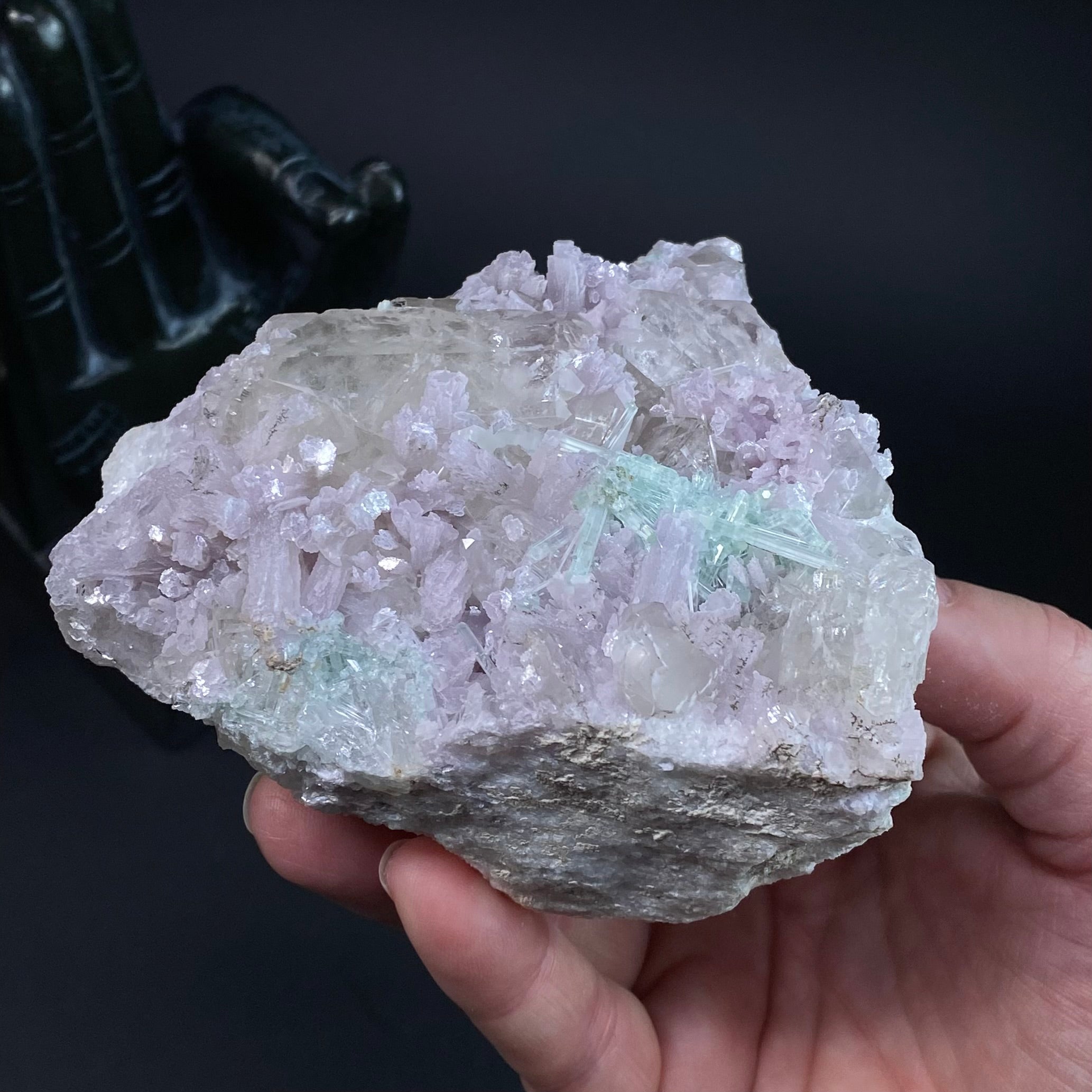 Lepidolite, Green Tourmaline & Quartz Crystals on Matrix