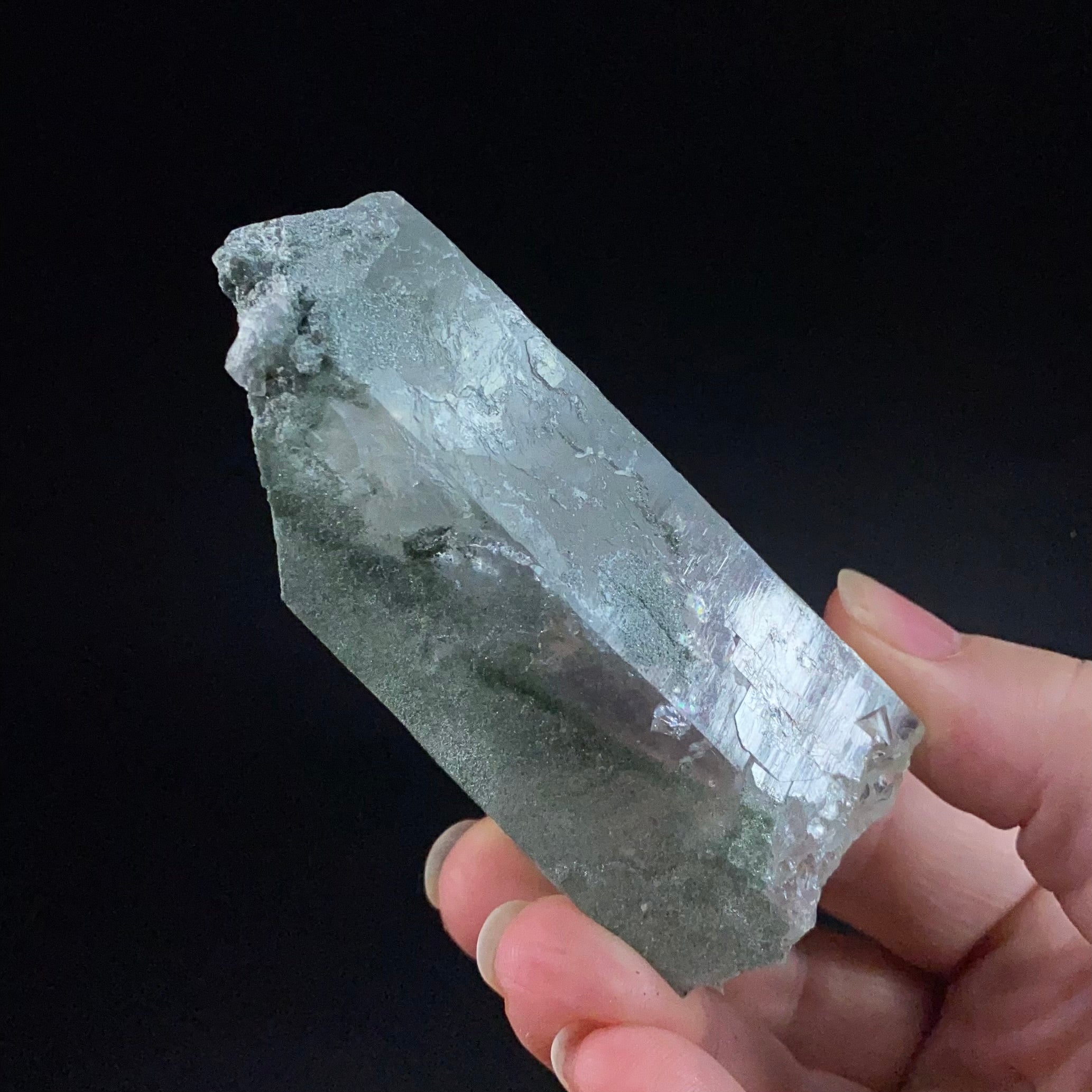 Quartz Crystal with Shimmering Natural Chlorite Surface Deposit
