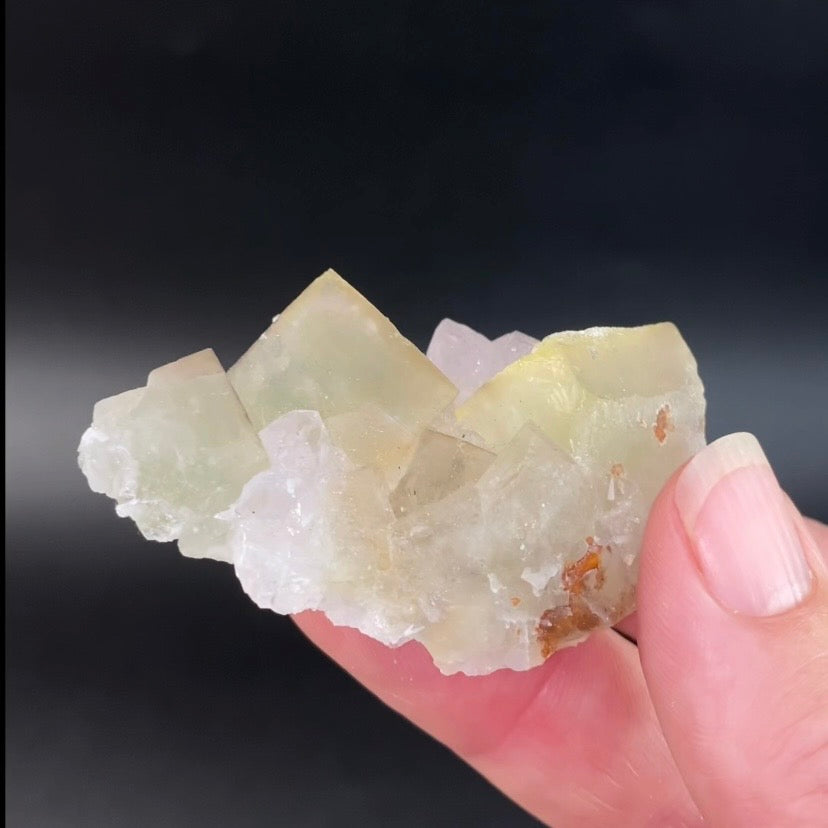 Pale Yellow Green Cubic Fluorite Cluster with Amethyst from El Hammam Mine, Morocco