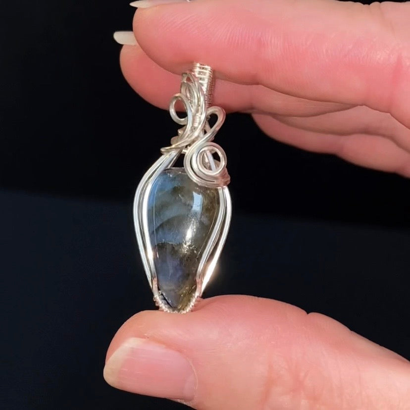 Blue Flash Labradorite and Sterling Silver Wire Wrapped Pendant, Natural Stone Crystal Jewelry