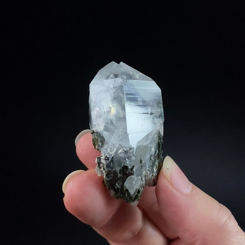 Quartz Crystal with Dark Green Epidote Crystals and Twin Terminations