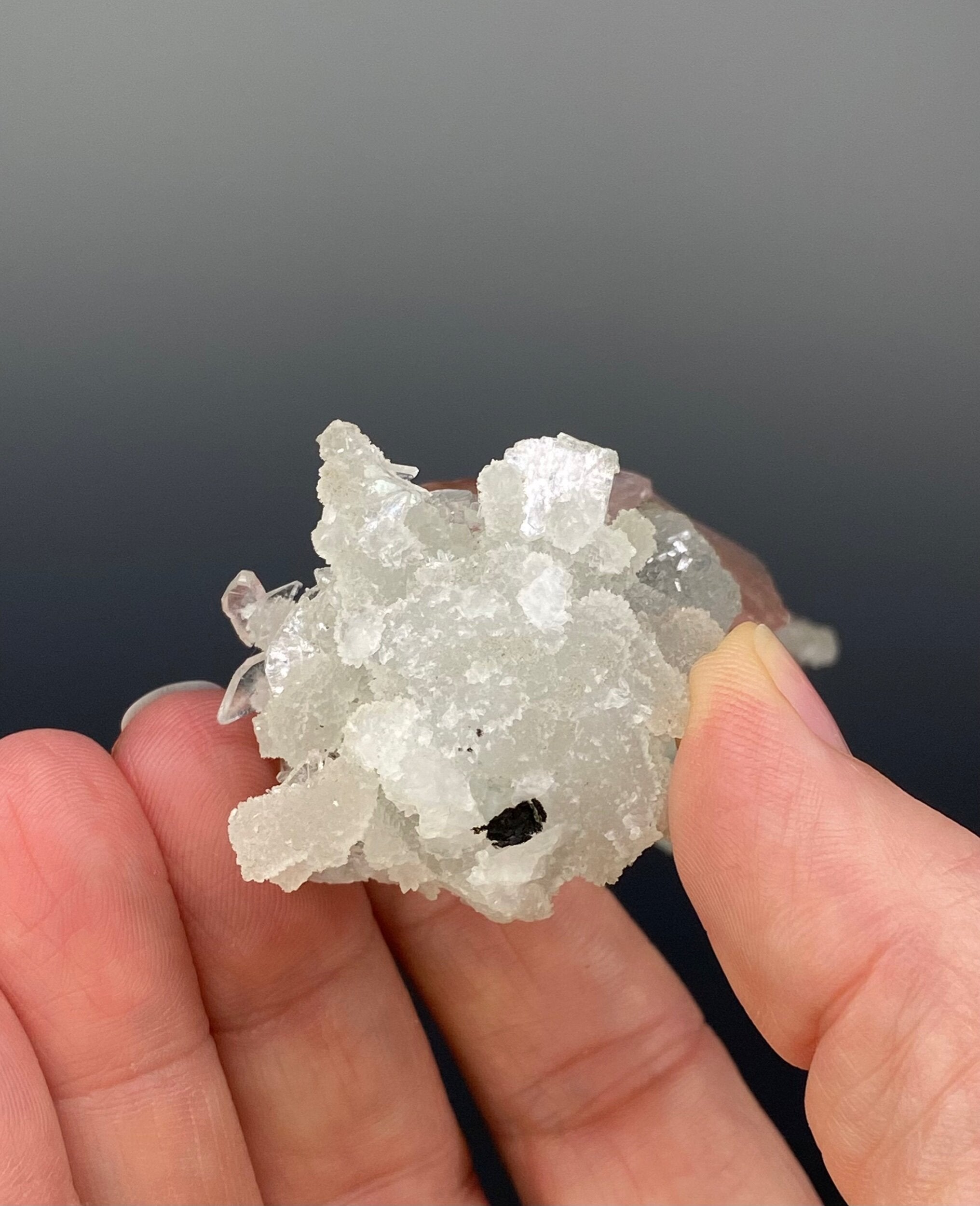 Clear Apophyllite, Pink Heulandite & Calcite Stalactite Formation Cluster