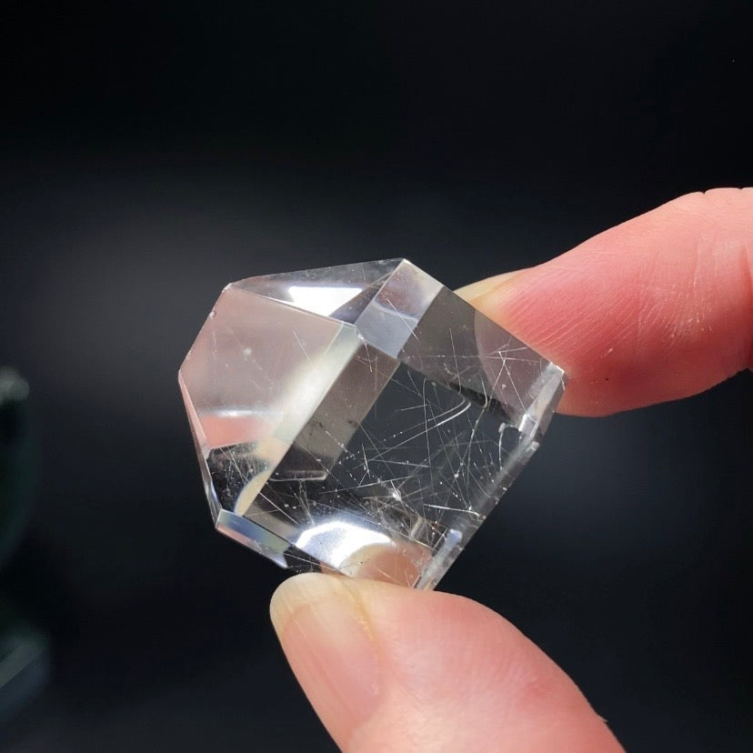 Polished Clear Quartz Crystal with Silver Rutile from Minas Gerais, Brazil