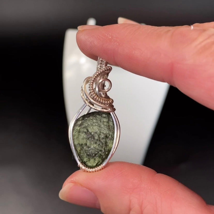 Moldavite Wire Wrapped Pendant in Sterling Silver Wire