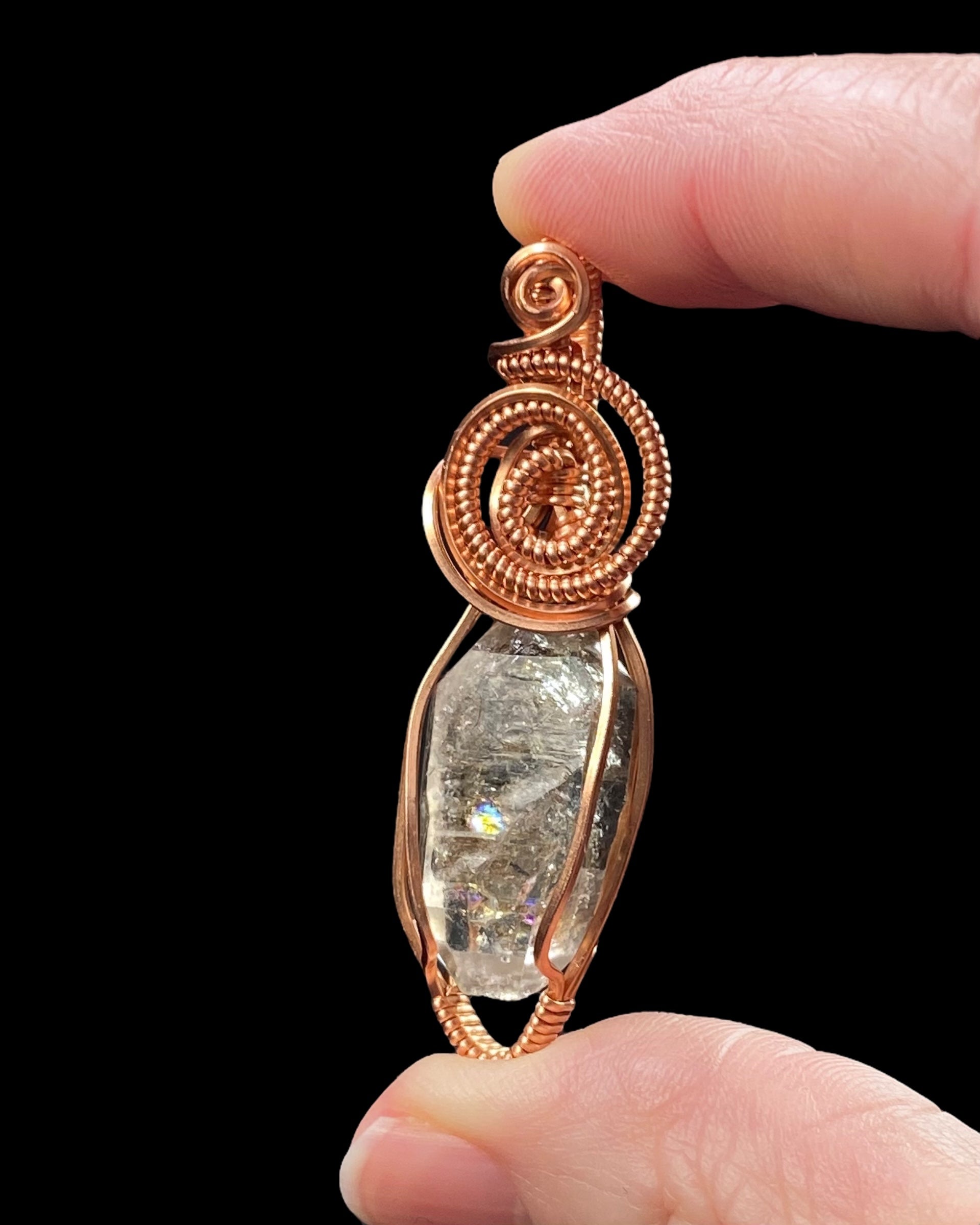 Fluorescent Petroleum Skeletal Fenster Quartz & Copper Wire Wrapped Pendant