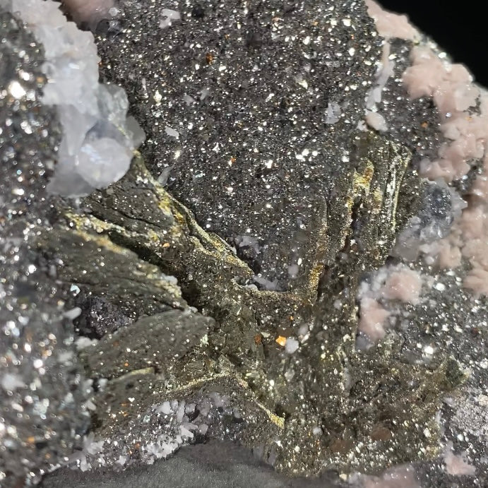 Rhodochrosite Rosettes on Arsenopyrite, with Sphalerite, Pyrite After Pyrrhotite, Milky Quartz Crystals  & Calcite from Trepça Mines, Kosovo