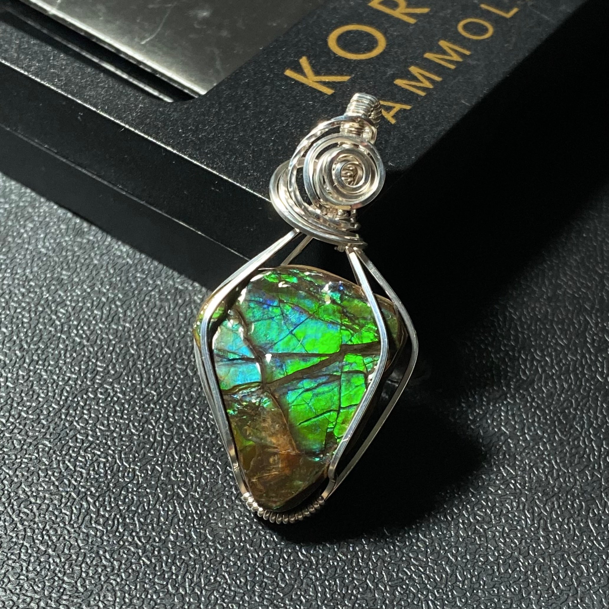 Canadian Ammolite and Sterling Silver Wire Wrapped Pendant