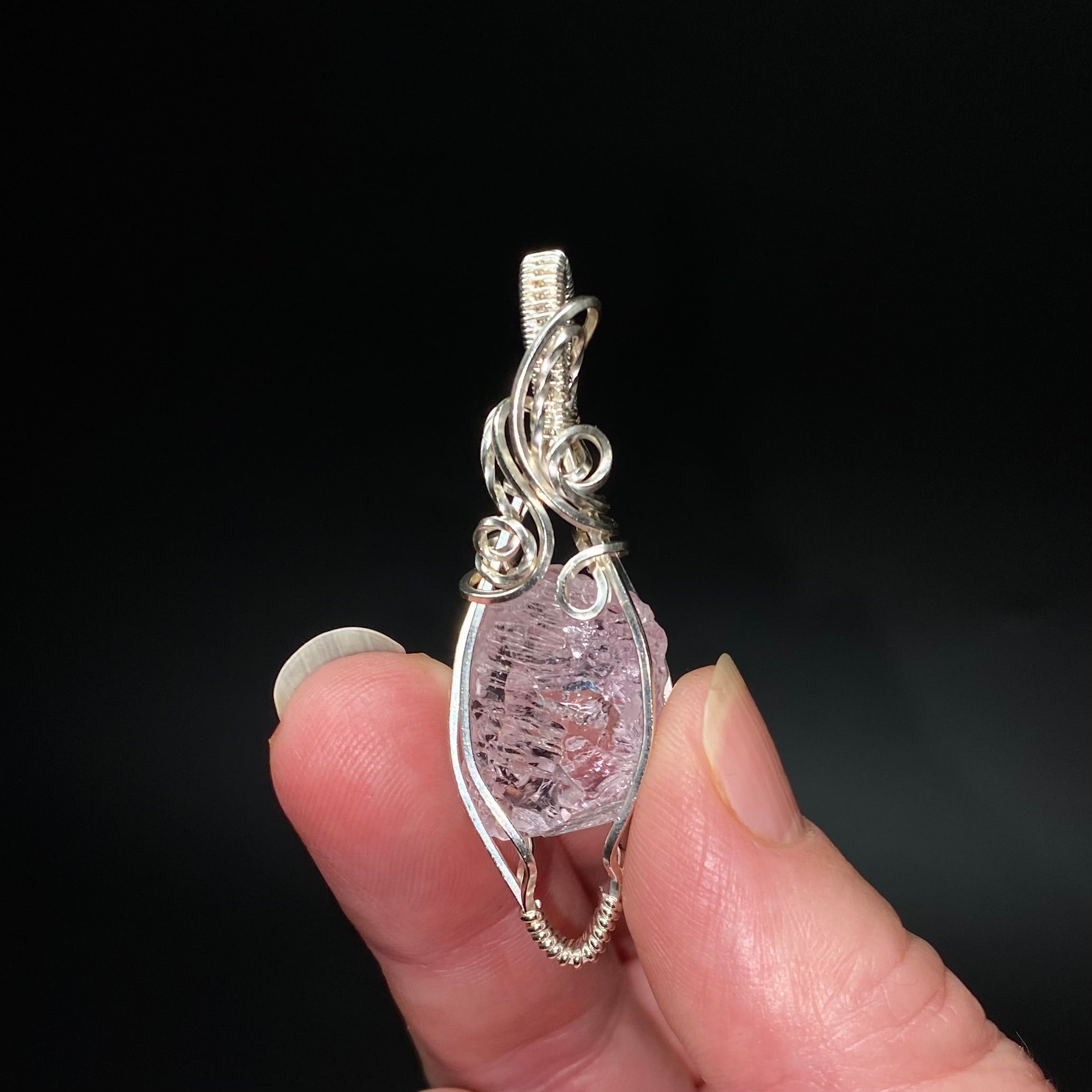 Fluorescent Spodumene Kunzite & Sterling Silver Wire Wrapped Pendant