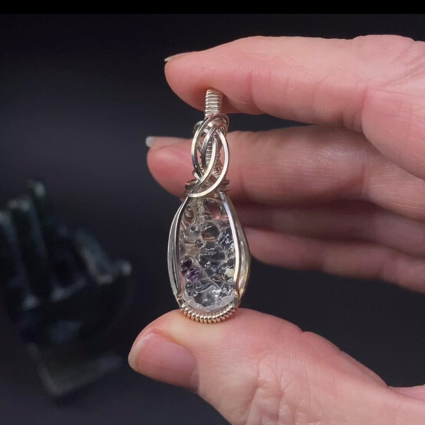 Hyalite Opal with Purple Fluorite & Sterling Silver Wire Wrapped Pendant