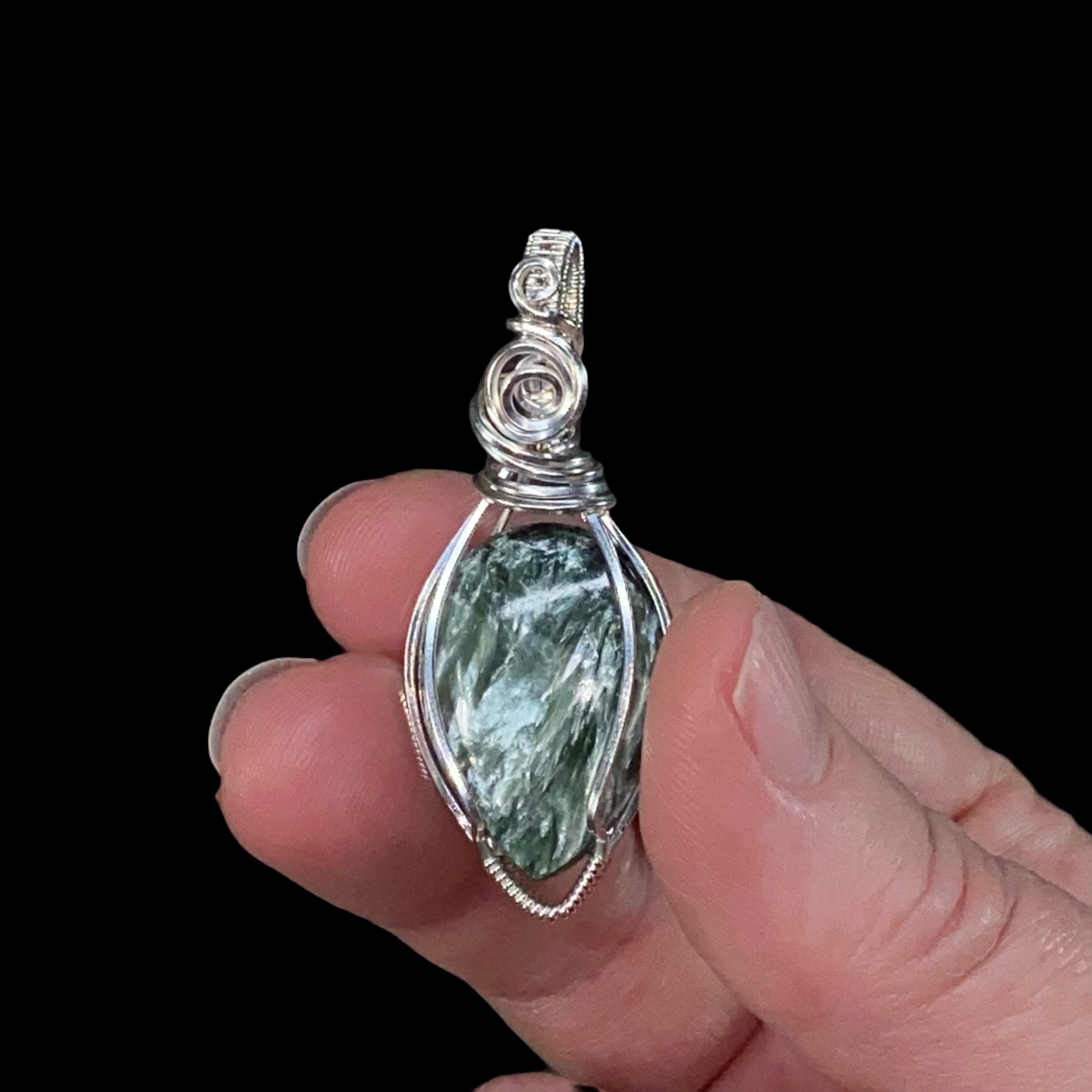 Seraphinite & Sterling Silver Wire Wrapped Pendant - Natural Stone / Crystal Jewelry