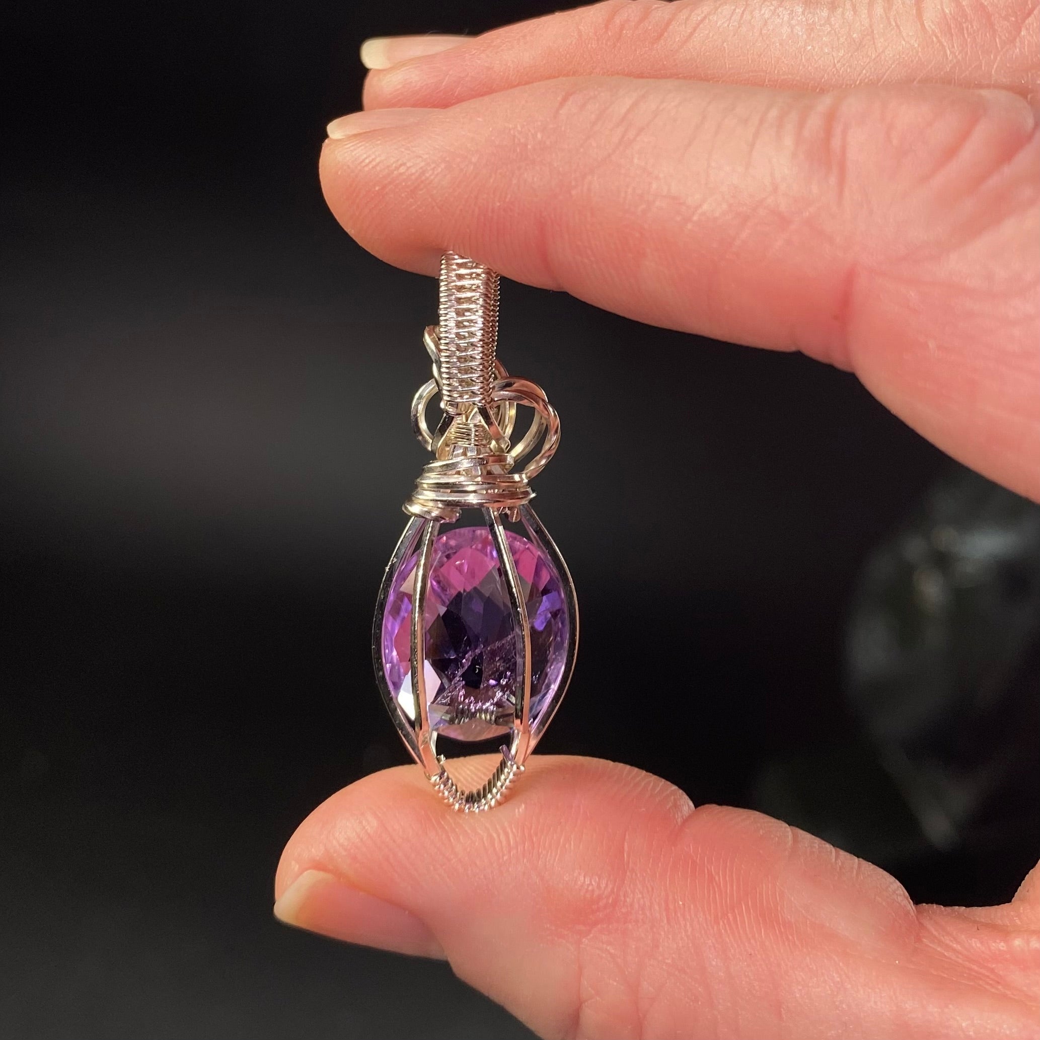 Amethyst Faceted Stone and Sterling Silver  Wire Wrapped Pendant