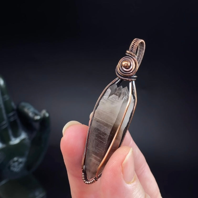 Double Terminated Elestial Smoky Quartz & Copper Wire Wrapped Handmade Pendant