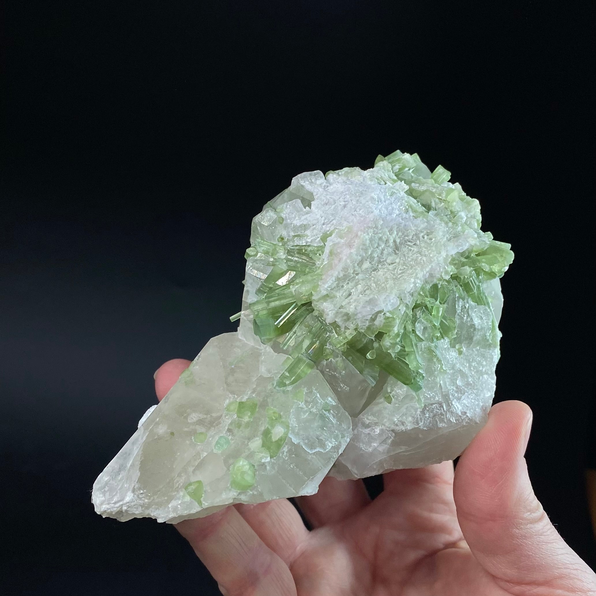 Green Tourmaline Crystals with Lepidolite on Quartz, Laghman, Afghanistan