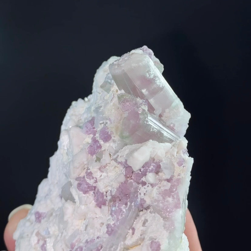 Pale Green & Pink Watermelon Tourmaline Crystals with Lepidolite & Feldspar