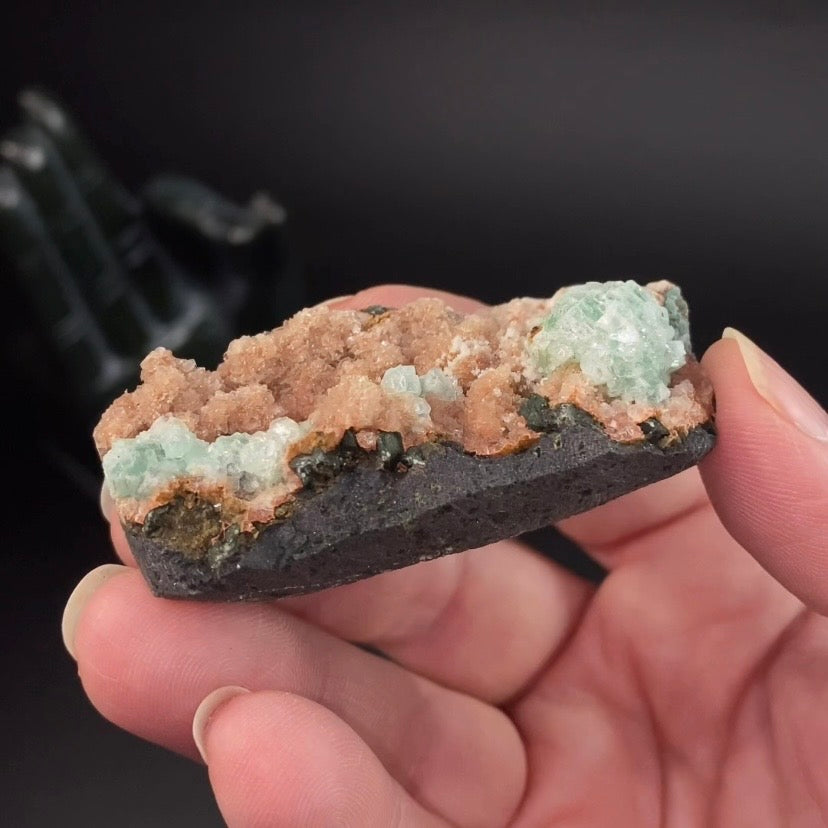 Green Apophyllite Crystals with Stilbite on Trimmed Basalt Matrix