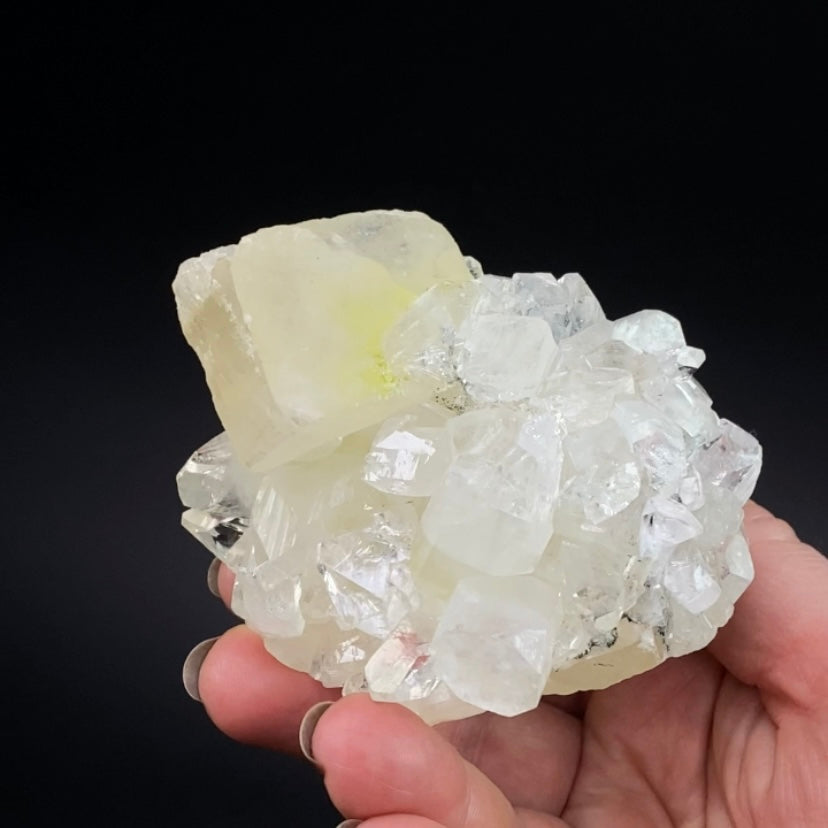 Clear Apophyllite Crystal Cluster with Yellow Calcite