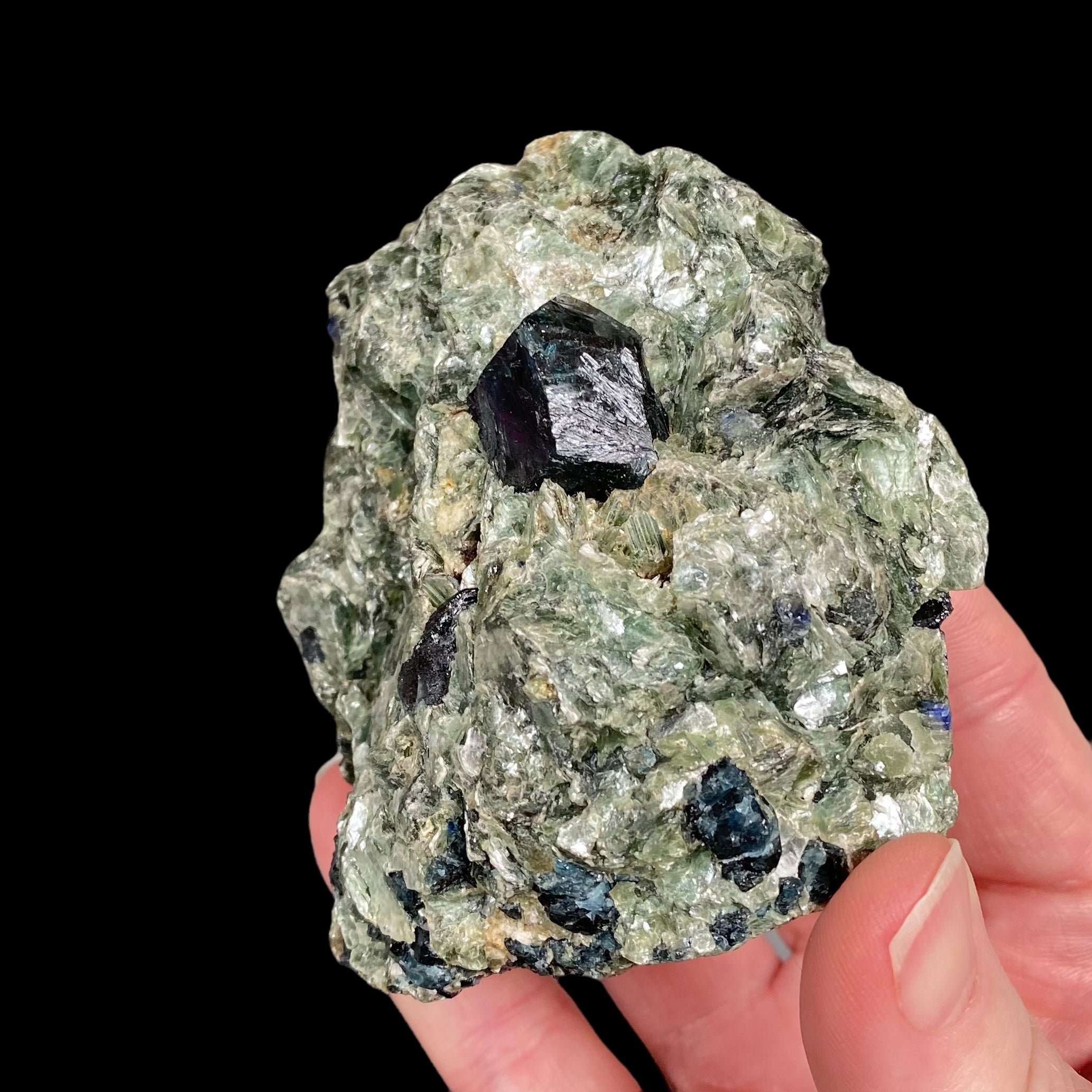 Dark Blue Dravite/Uvite in a Beautiful Green Mica-Rich Matrix with Sapphires