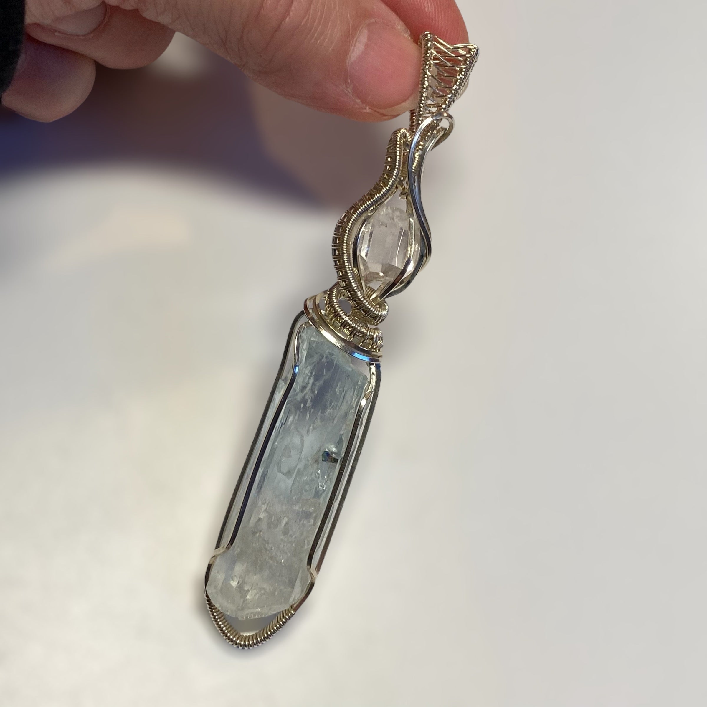 Natural Aquamarine and Topaz Sterling Silver Handmade Wire Wrapped Pendant