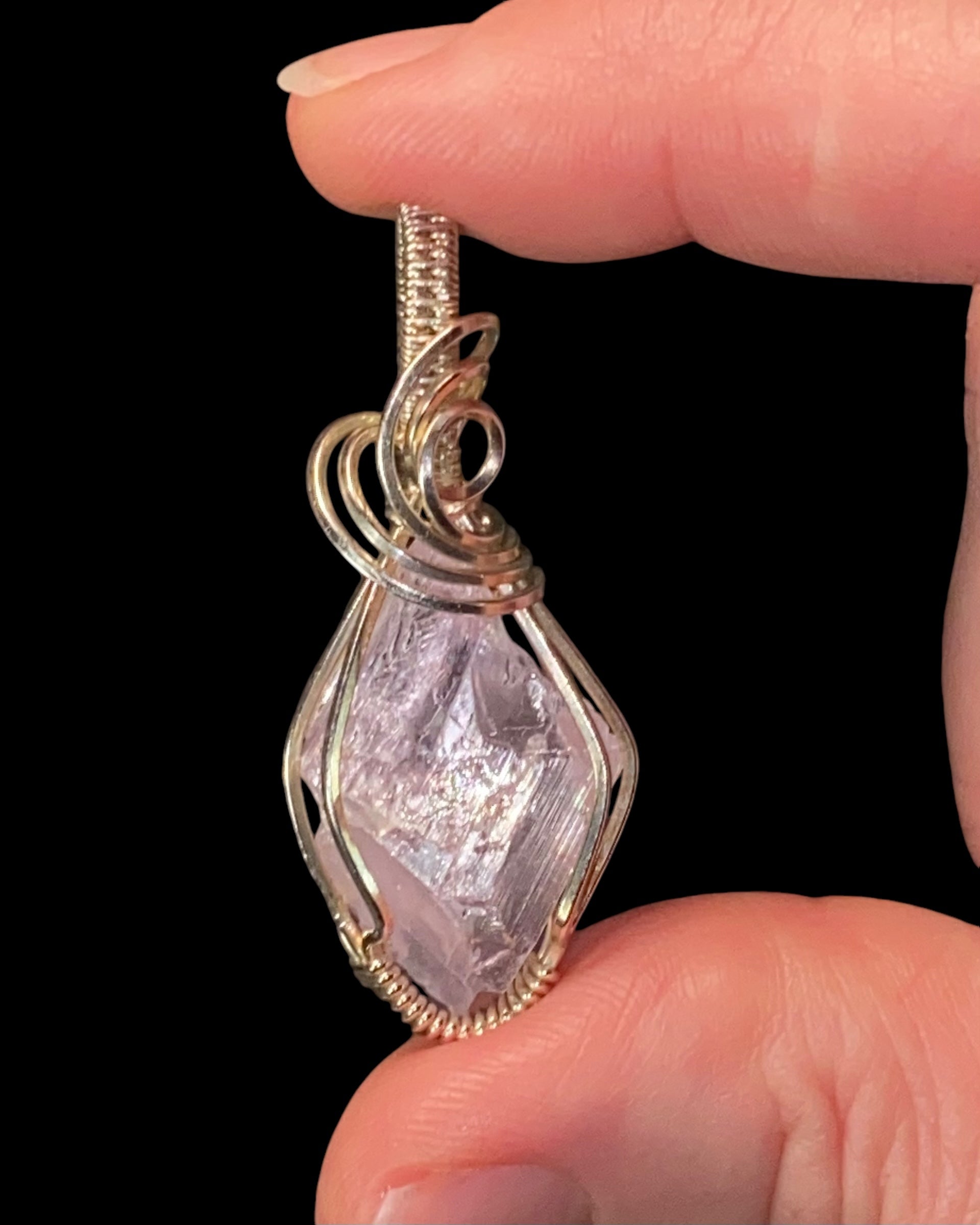 Fluorescent Spodumene Kunzite & Sterling Silver Wire Wrapped Pendant