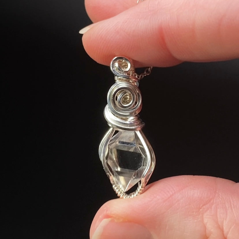 Herkimer Diamond Quartz & Sterling Silver Wire Wrapped Pendant with Rhodium Plated Sterling Silver Chain