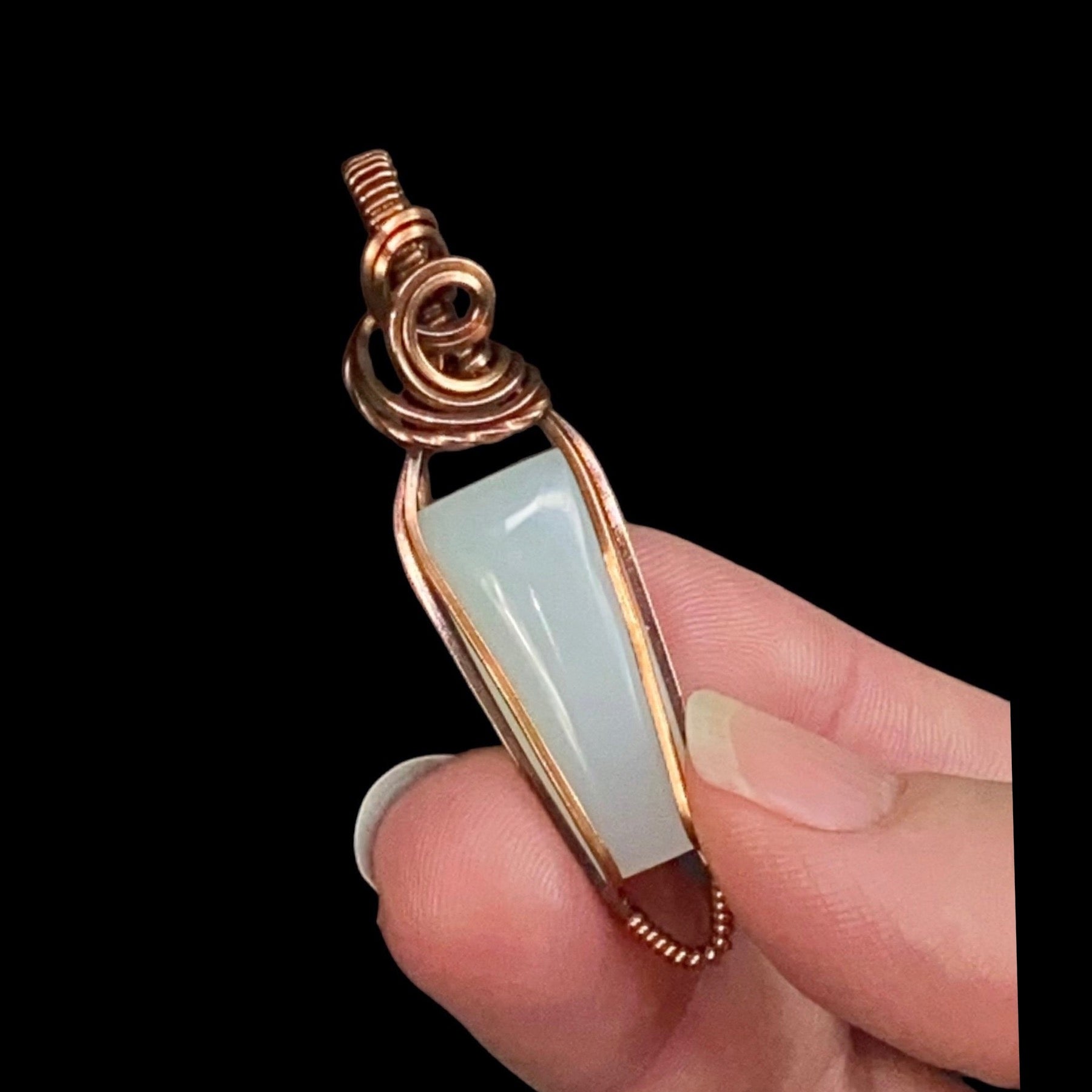 Green Common Opal and Copper Wire Wrapped Pendant