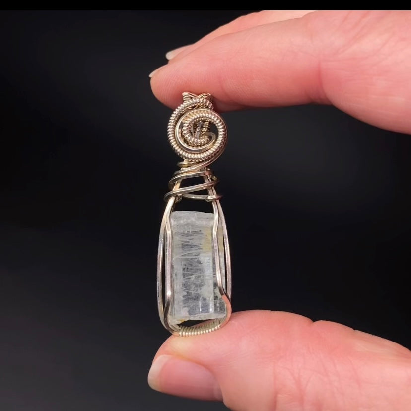 Aquamarine Crystal & Sterling Silver Handmade Wire Wrapped Pendant