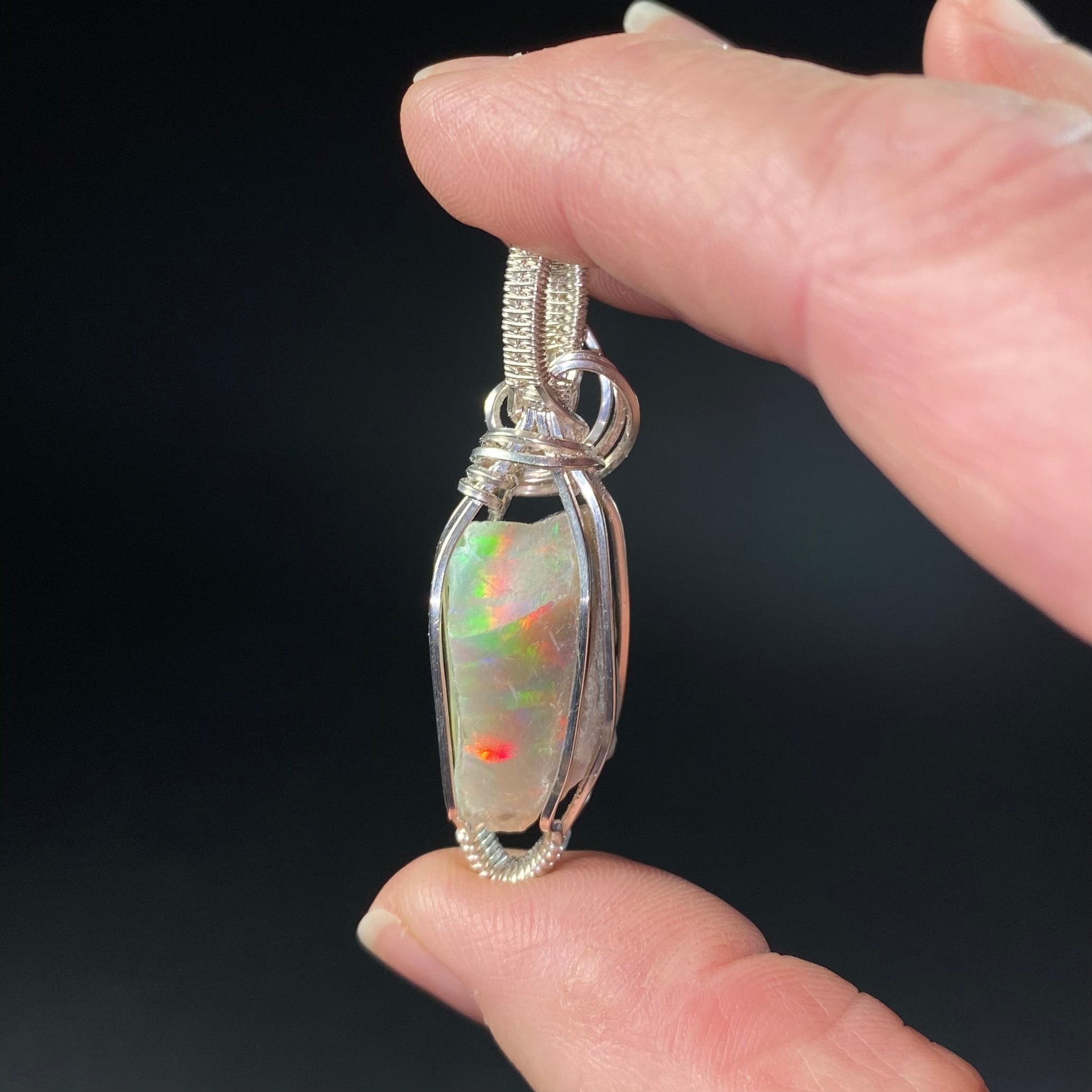 Ethiopian Welo Opal & Sterling Silver Wire Wrapped Pendant
