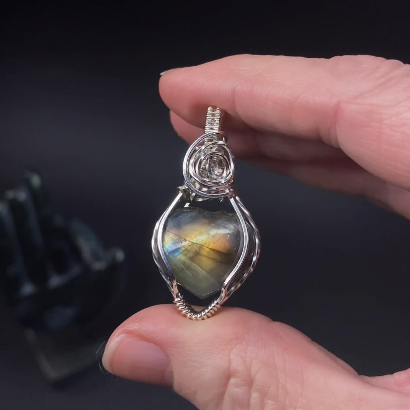Labradorite Heart and Sterling Silver Wire Wrapped Pendant - Reversible