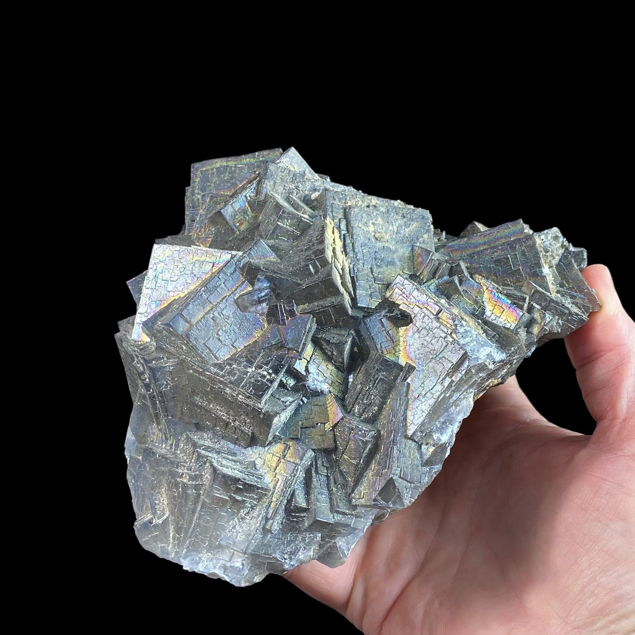 Blue and Purple Cubic Fluorite Cluster with Rainbow Iridescent Iron Oxide Surface