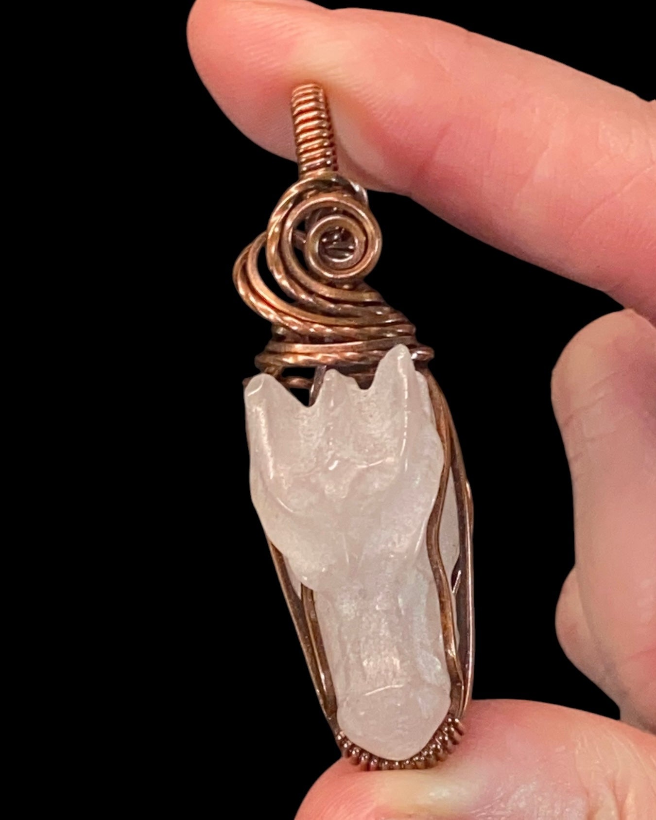 Rose Quartz Dragon and Copper Wire Wrapped Pendant