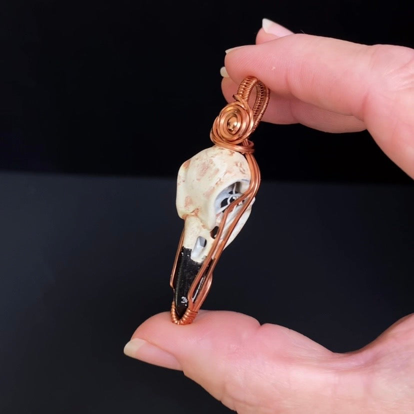 Resin Raven Skull & Spiral Copper Wire Wrapped Pendant