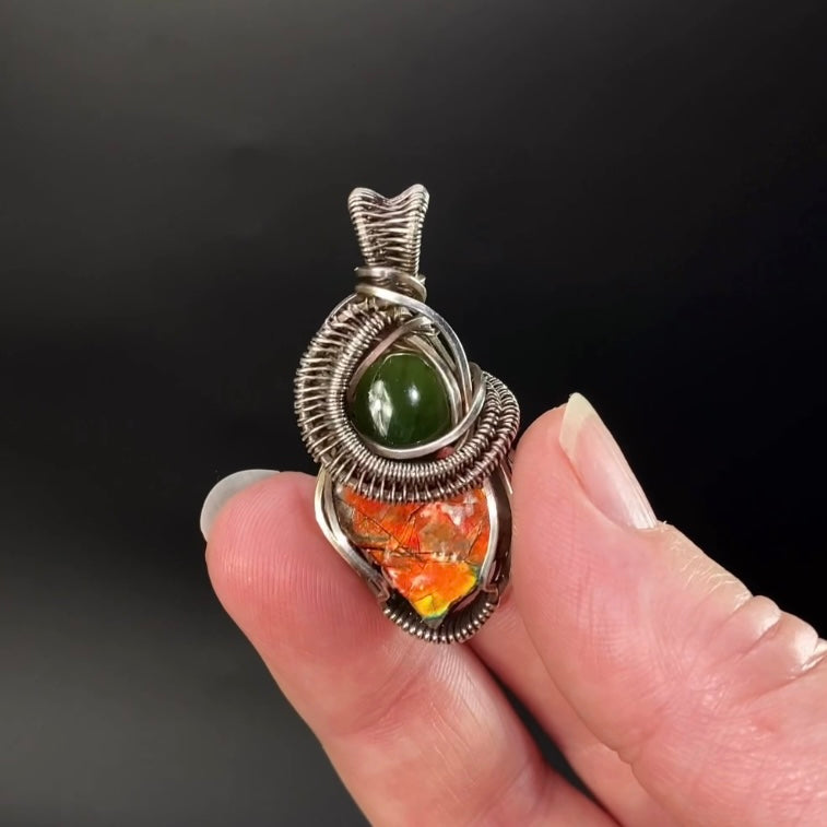 Canadian Ammolite with Nephrite Jade Accent Wire Wrapped Pendant in Sterling Silver Wire