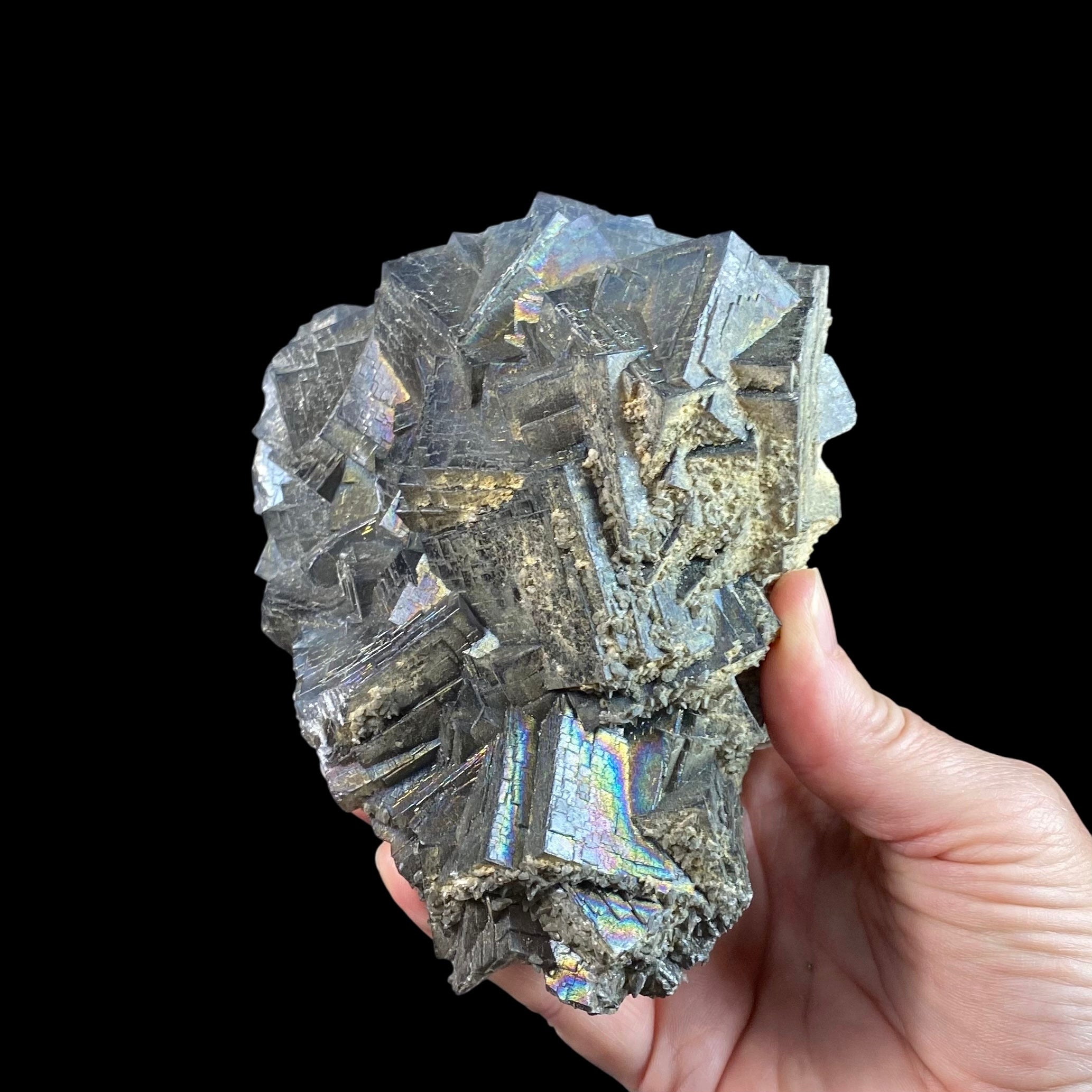 Blue and Purple Cubic Fluorite Cluster with Rainbow Iridescent Iron Oxide Surface
