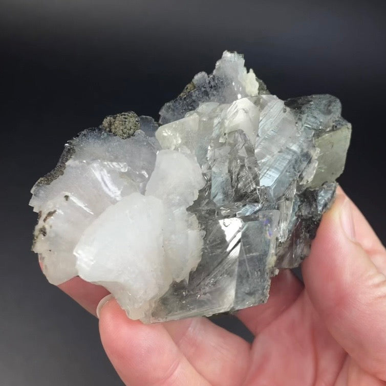 White Clear Heulandite Fan Cluster with Clear Calcite on Basalt Matrix