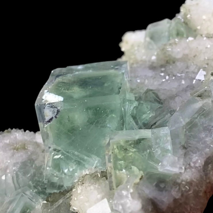 Clear Green Cubic Fluorite on Druzy Quartz, Xianghualing Mine, China