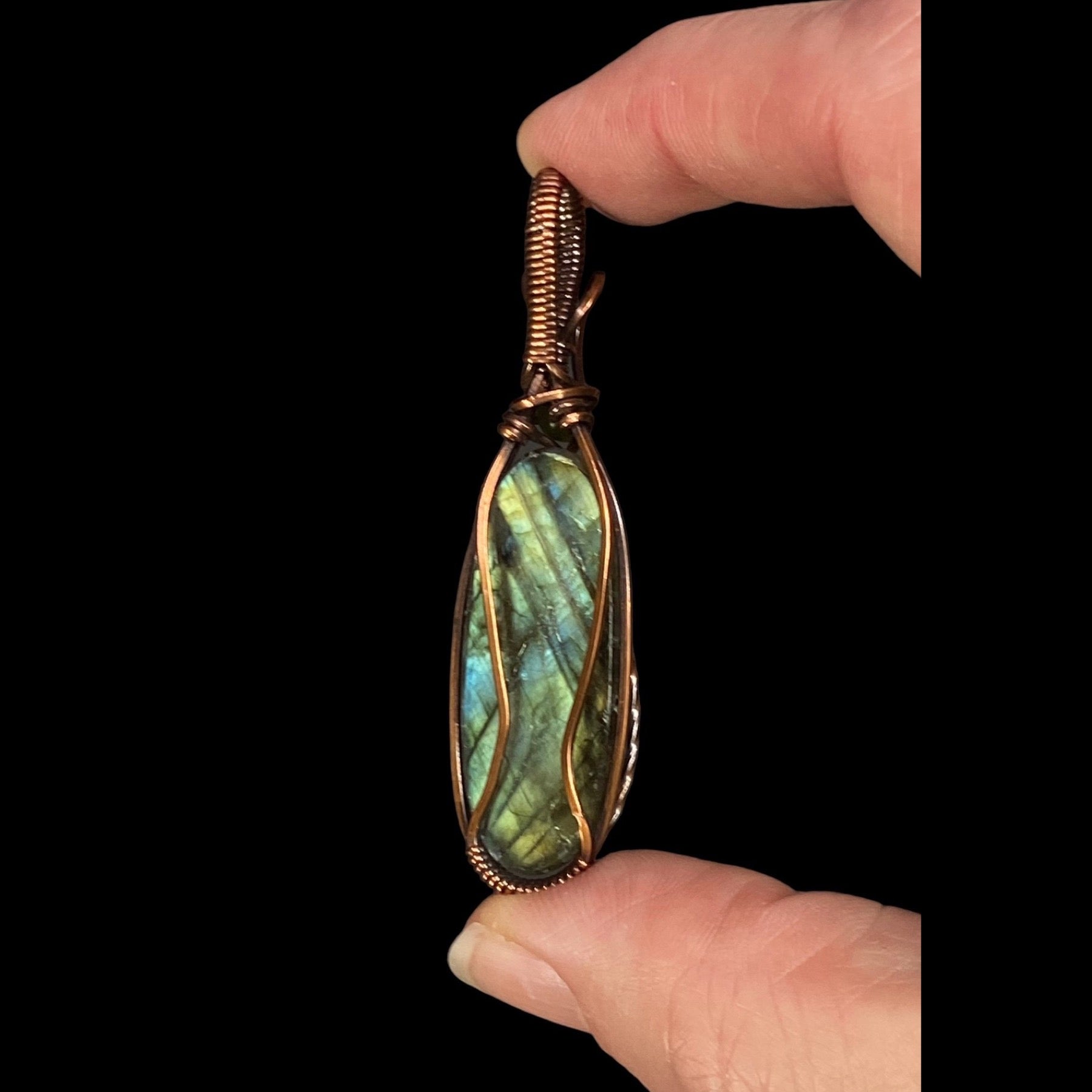 Labradorite & Copper Wire Wrapped Pendant with Nephrite Jade Accent Bead