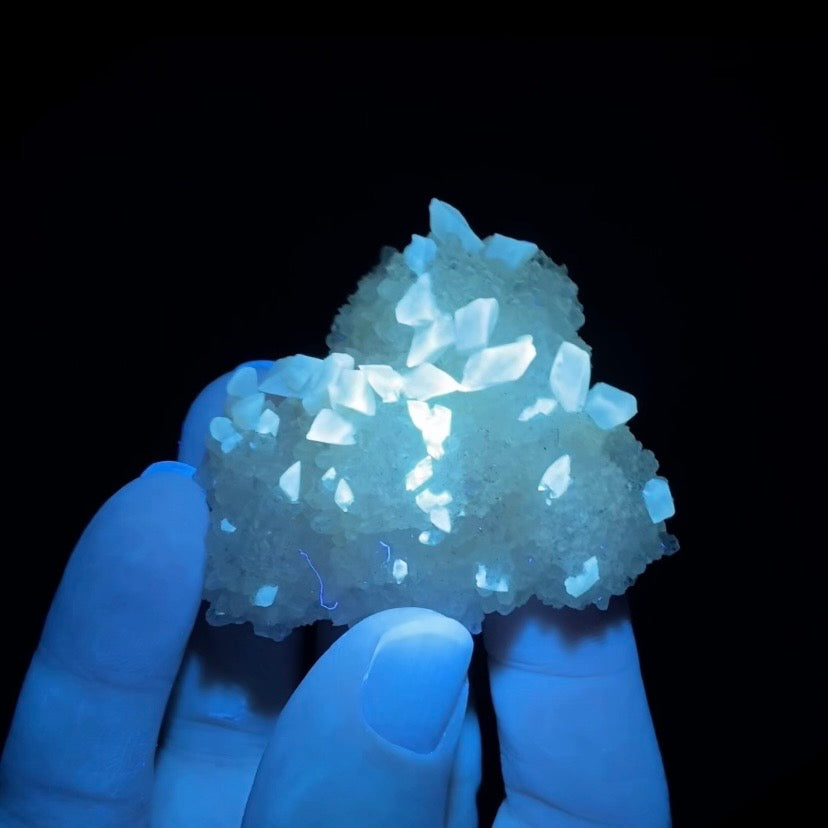 Phosphorescent Golden Feather Calcite Crystals on Druzy Quartz