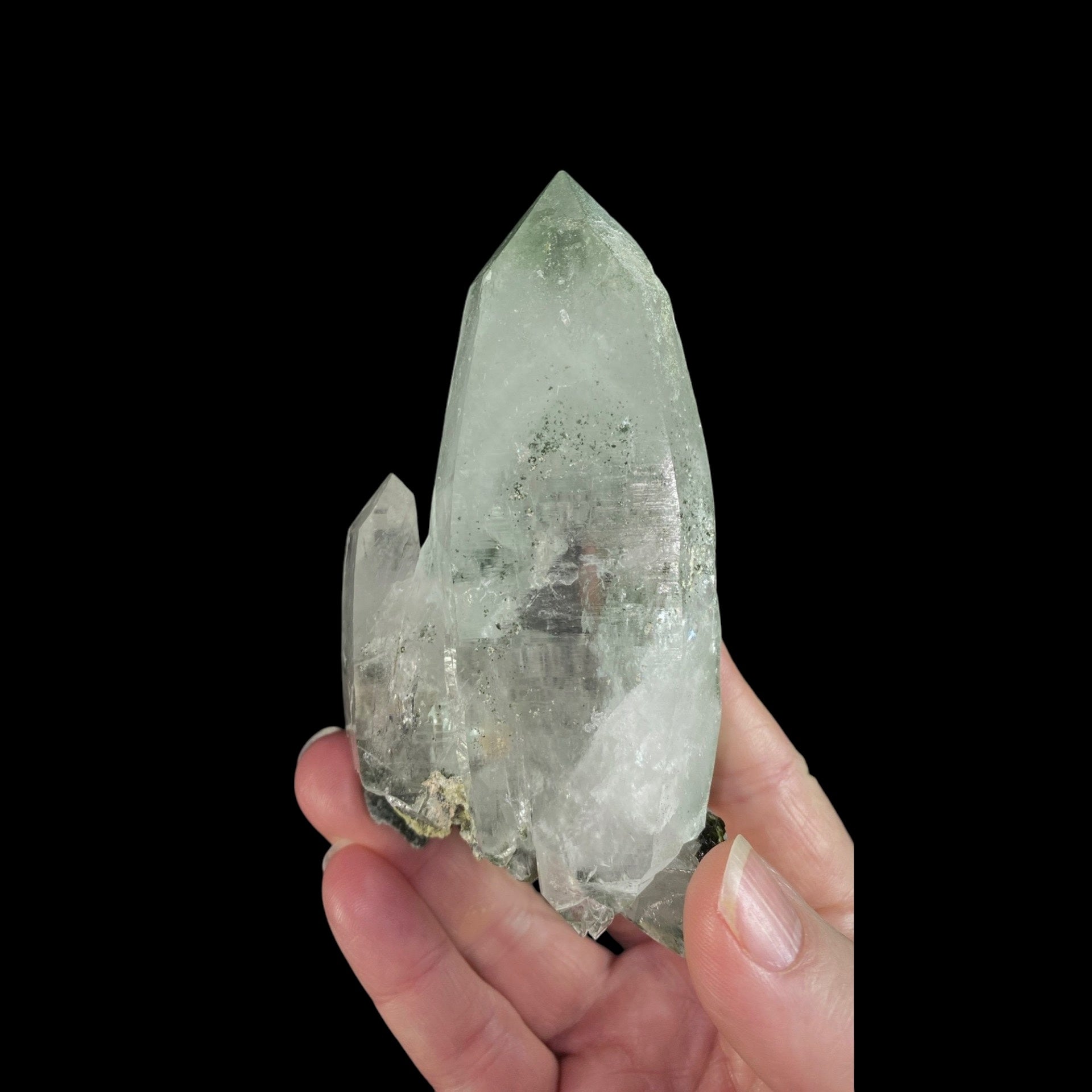 Chlorite Included Trigonal Habit Himalayan Quartz Crystal Cluster with Epidote Crystals, Hashupi, Pakistan