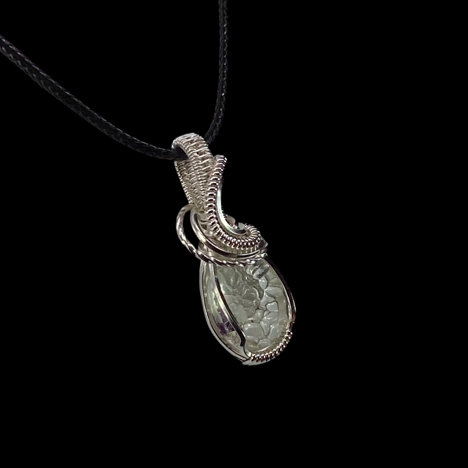 Hyalite Opal with Purple Fluorite Inclusions & Sterling Silver Wire Wrapped Pendant