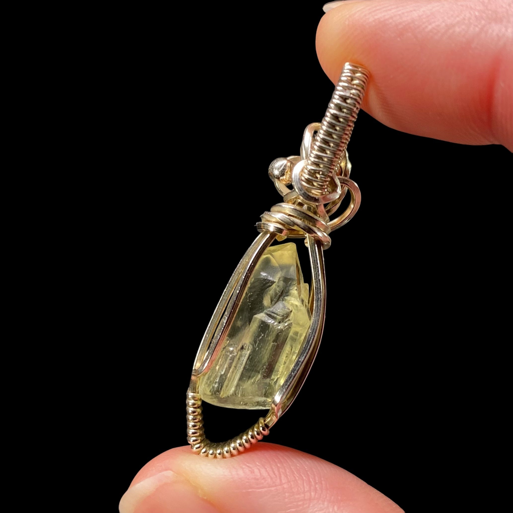 Yellow Spodumene Triphane Kunzite Crystal & Sterling Silver Handmade Wire Wrapped Pendant