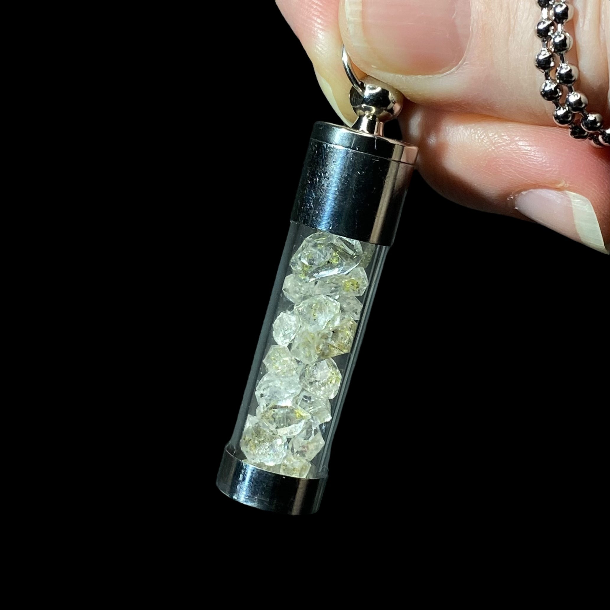 High Grade Fluorescent Double Terminated Petroleum Quartz Crystal Filled Pendant Necklace